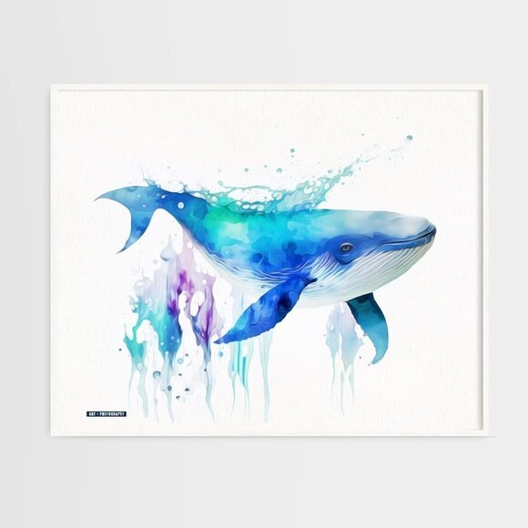Blue Whale Watercolor Oil Painting Wall Art Print - Picture 3 of 7